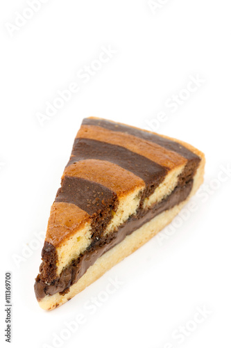 Triangular chocolate cake on a white background