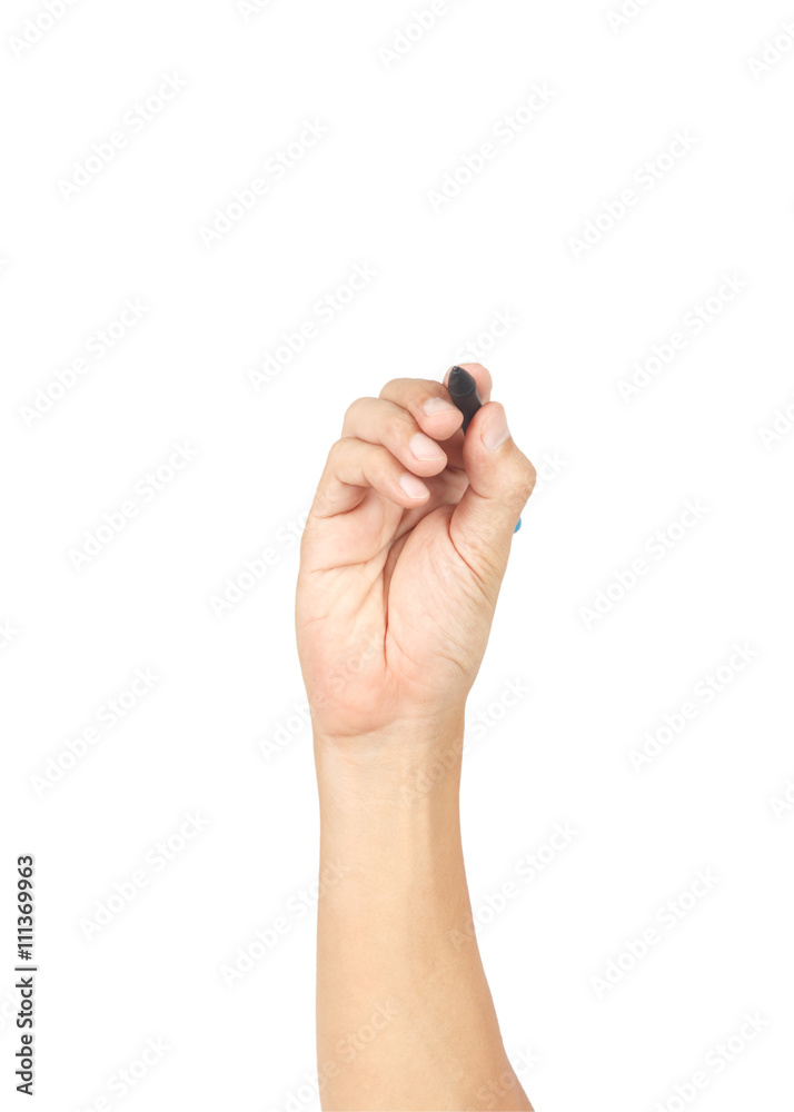 Man hand with pen isolated on white background, clipping path in