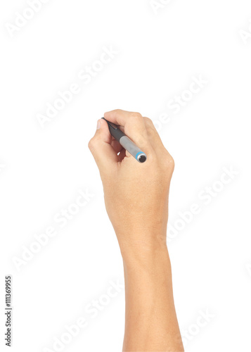 Man hand with pen isolated on white background, clipping path in