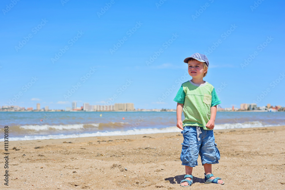 Cute small boy standing on the beach