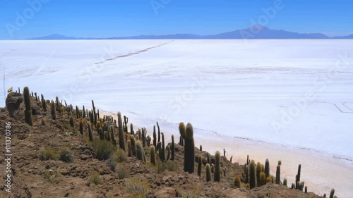 View of dormant volcano with the world largest Salt Flat from Incahuasi Island in Uyuni Bolivia