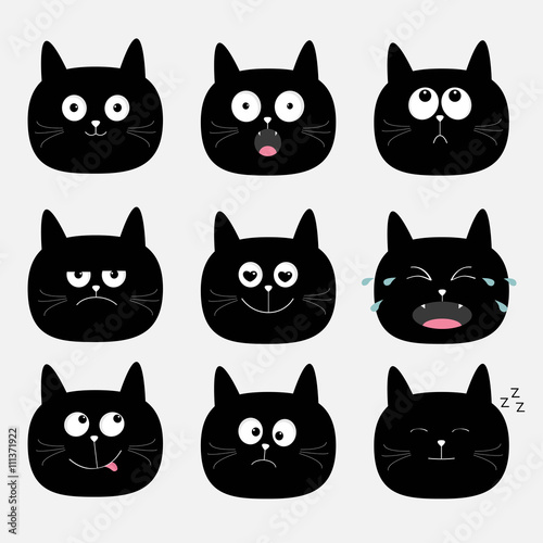 Cute black cat head set. Funny cartoon characters. Emotion collection. Happy, surprised, crying, sad, angry cat. White background. Isolated. Flat design.