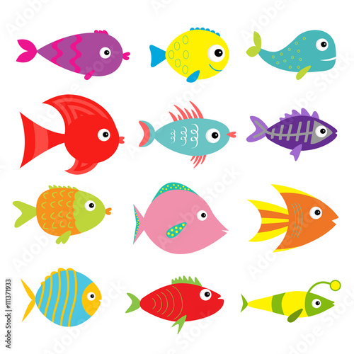 Cute cartoon fish set. Isolated. Baby kids collection. White background. Flat design