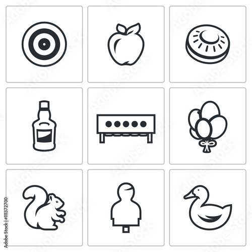 Vector Set of Target Icons. Archery, Apple, Plate for bench Shooting, Bottle, Biathlon, Balloons, Squirrel, Human figure, Duck.