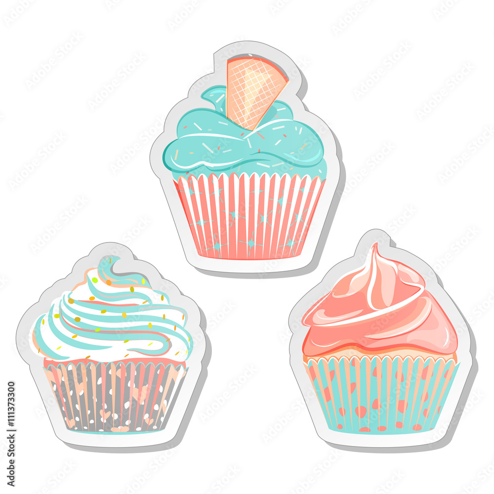 Cupcake stickers, food labels set in pastel colors Cupcake stickers, food labels set in pastel colors
