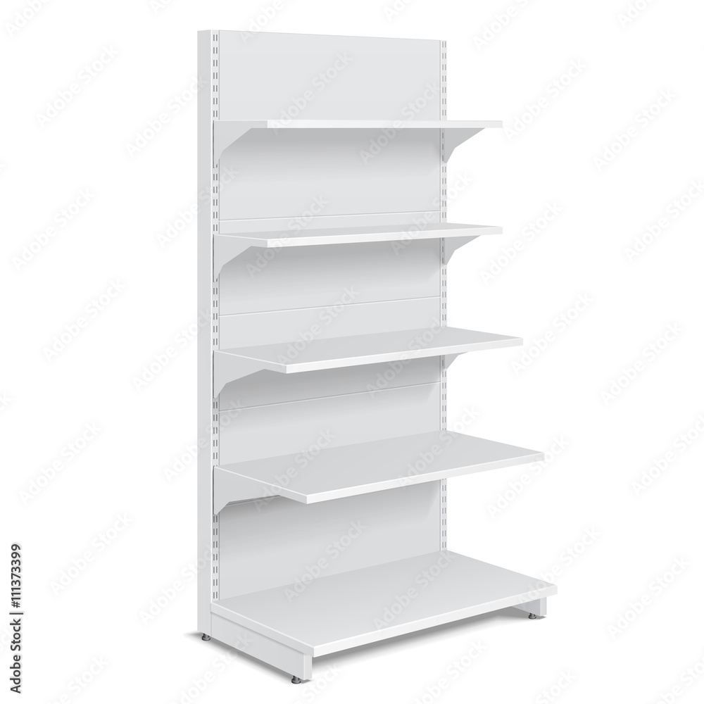 White Blank Empty Showcase Displays With Retail Shelves Products On White Background Isolated. Ready For Your Design. Product Packing. Vector EPS10