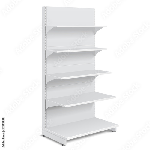 White Blank Empty Showcase Displays With Retail Shelves Products On White Background Isolated. Ready For Your Design. Product Packing. Vector EPS10