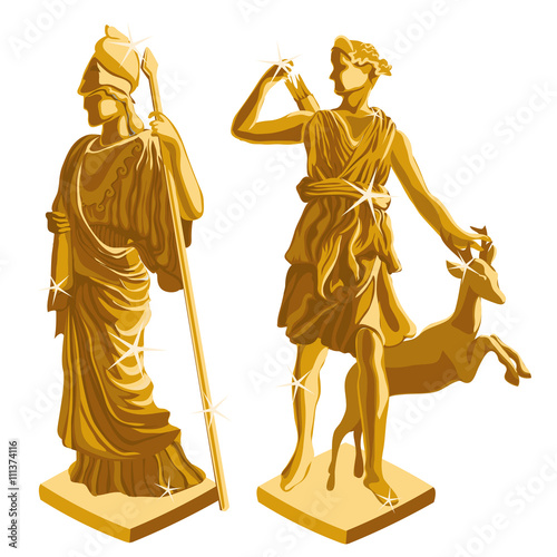 wo Greek Golden statues of warrior and shepherd