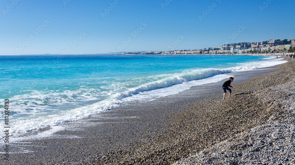 Sky-blue Mediterranean sea in Nice city, France