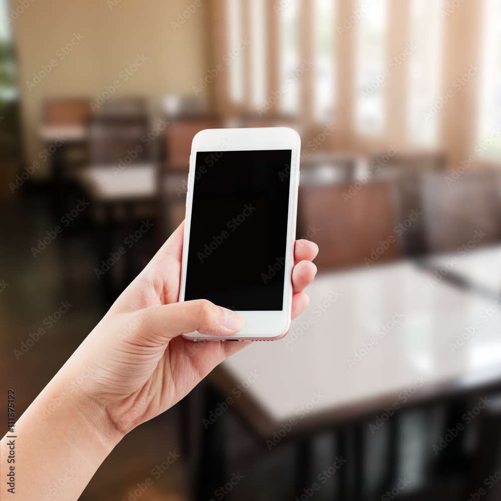 Female hand using mobile smartphone blurred background - mockup