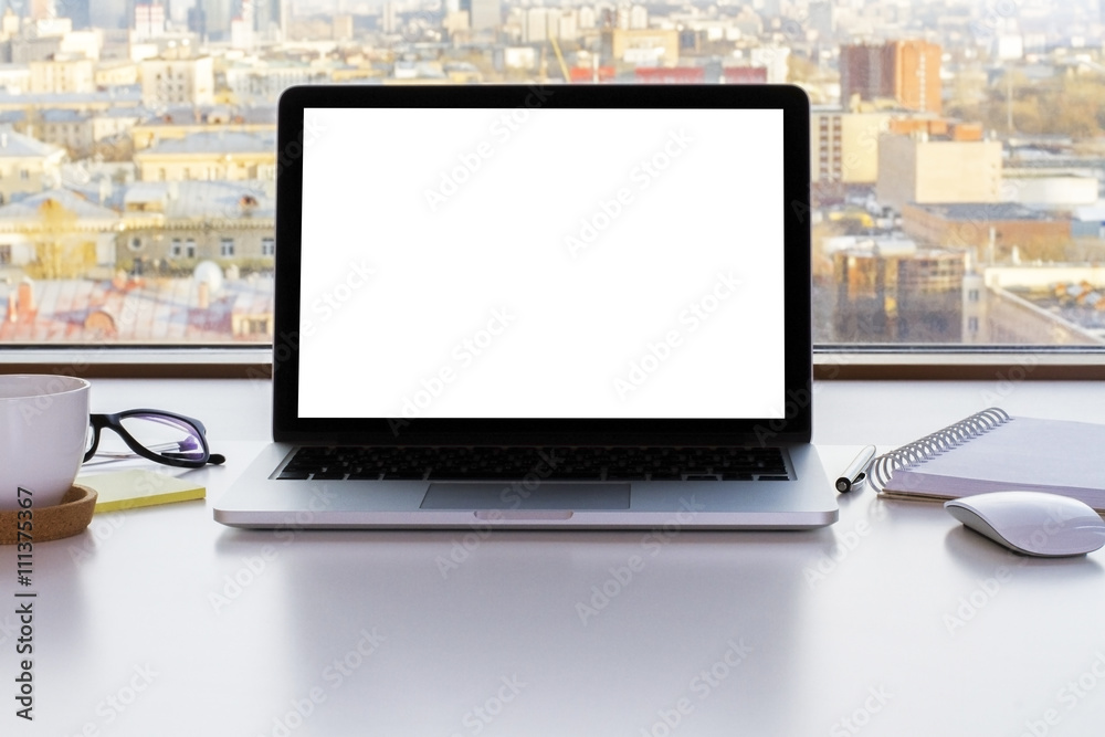 Fototapeta premium Blank white laptop screen closeup