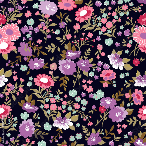 Seamless pattern with flowers on a black background. Vector illustration.