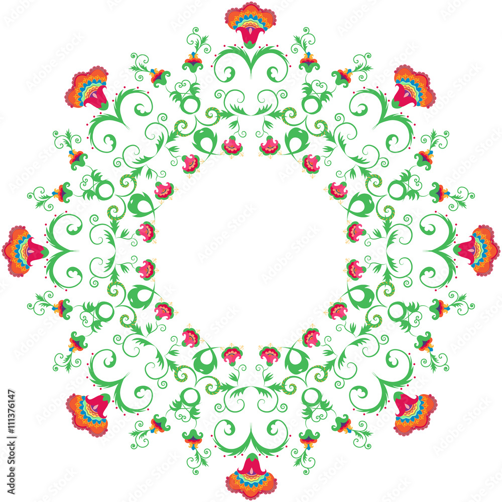 Abstract round ornament, mandala with indian styled flowers