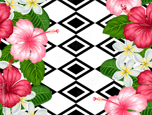 Seamless pattern with tropical flowers hibiscus and plumeria. Background made without clipping mask. Easy to use for backdrop, textile, wrapping paper