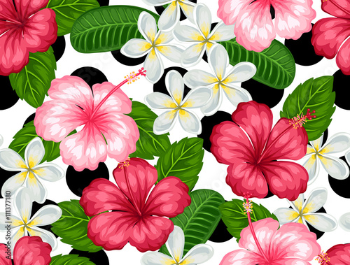 Seamless pattern with tropical flowers hibiscus and plumeria. Background made without clipping mask. Easy to use for backdrop, textile, wrapping paper