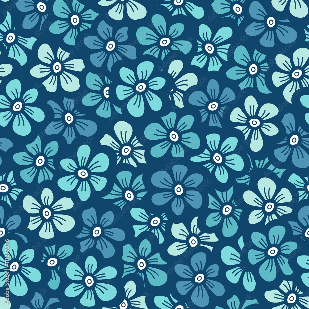 blue flower seamless pattern, hand drawn vector illustration