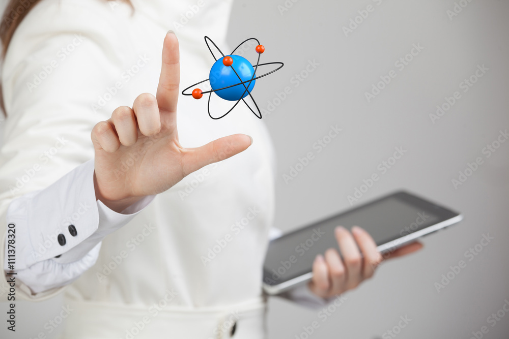 Woman scientist with atom model, research concept