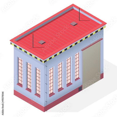 Assembly shop isometric building exterior. Vector industrial engineer house workshop. Blue isometric workroom house. Flatten isolated master illustration.