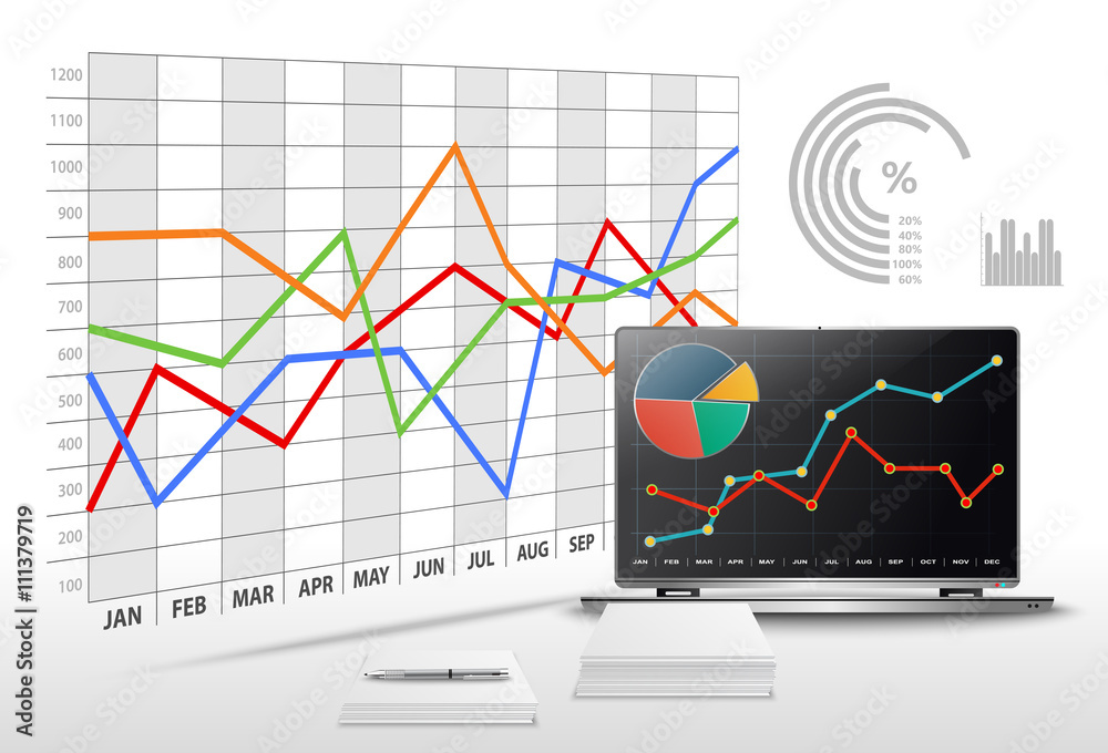 Vector modern office with business data and financial accounting Vector modern office with business data and financial accounting