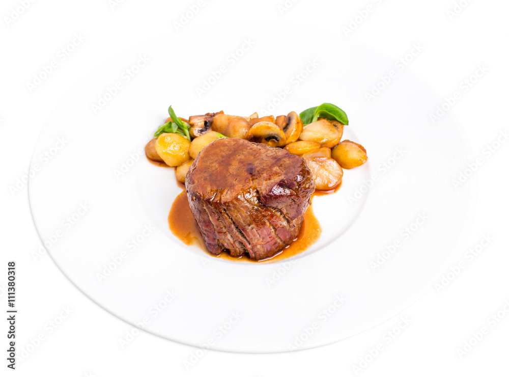 Delicious beef steak in demiglas sauce.