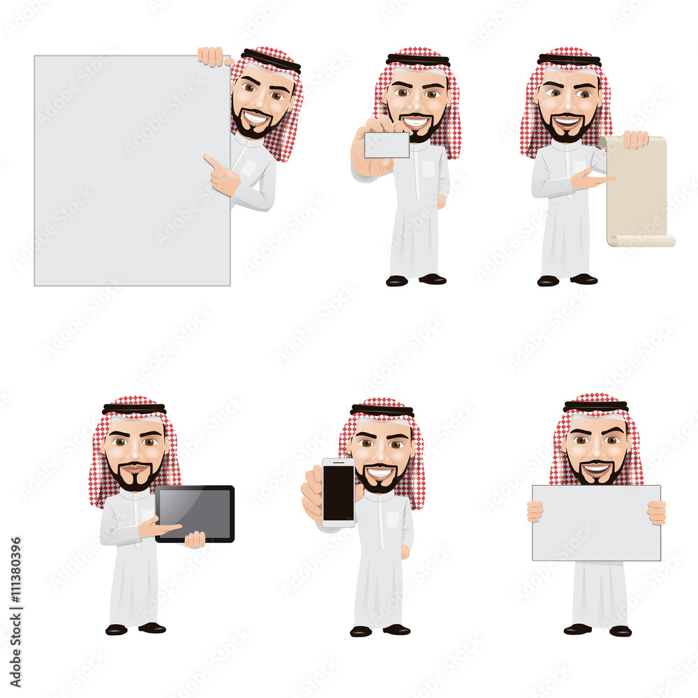 Set of Arabian Man Character in 6 Different Presentation Poses