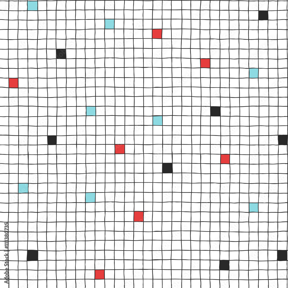 Fototapeta premium Seamless vector hand drawn minimalistic squared pattern with color cells