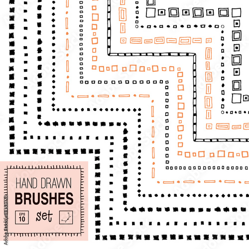 Vector hand drawn square ornamental brushes set.
