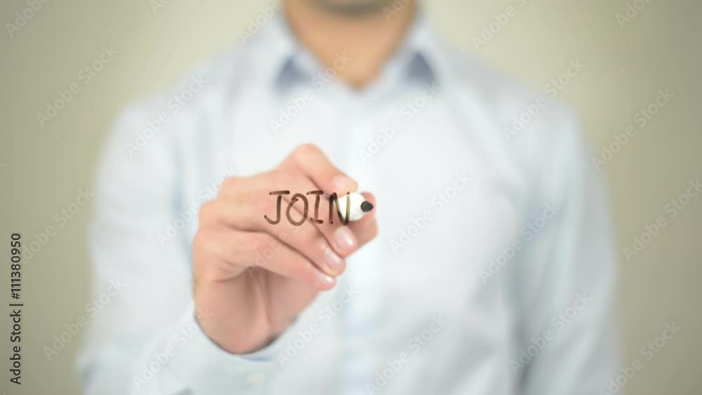 Join Us, Man writing on transparent screen Join Us, Man writing on transparent screen