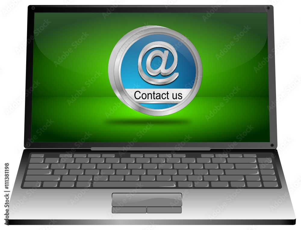Laptop Computer with Contact us Button - 3D illustration Laptop Computer with Contact us Button - 3D illustration