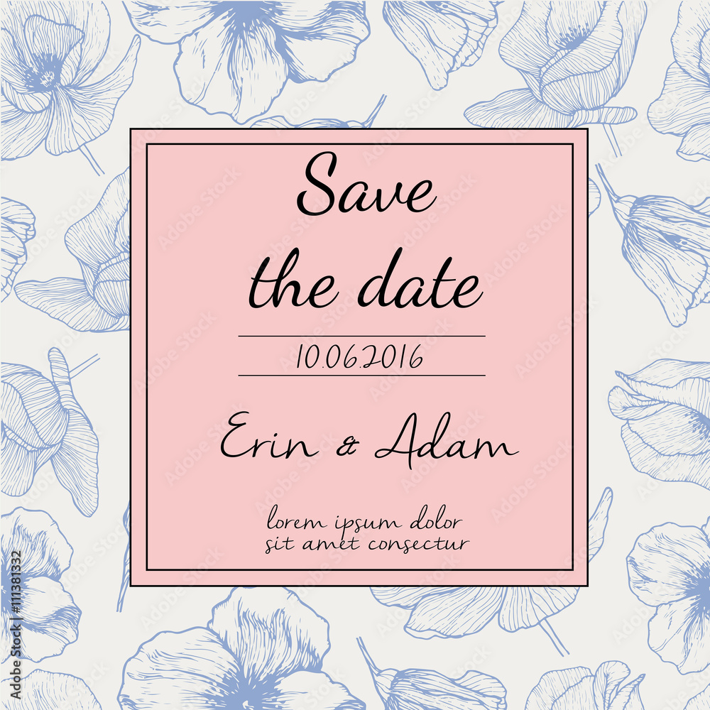 Obraz premium Vector wedding invitation. Floral poppy background in trendy col