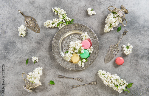 Macaroons. Creative food background Vintage flat lay