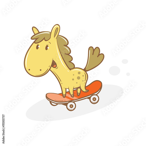 Card with cute cartoon  horse riding on  skateboard. Funny animal. Children s illustration. Vector image.
