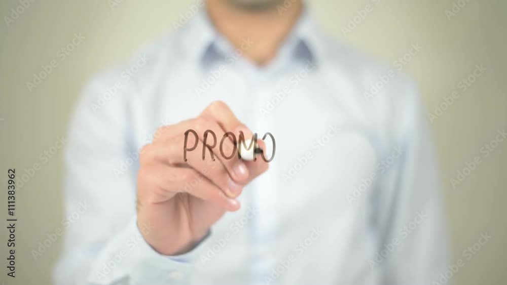 Promote, Man writing on transparent screen Promote, Man writing on transparent screen