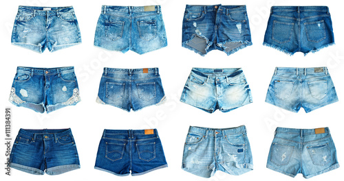 collection of different jeans shorts on a white background.  front and back view .