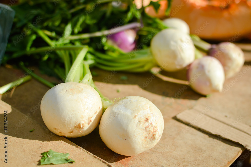 Turnips on display at the farmers market Turnips on display at the farmers market