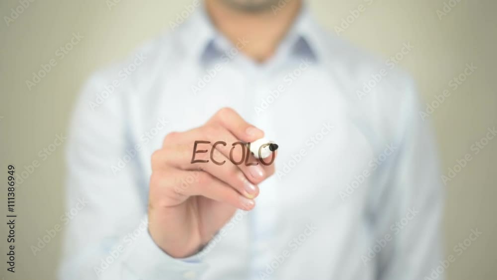 Ecology, Man writing on transparent screen Ecology, Man writing on transparent screen