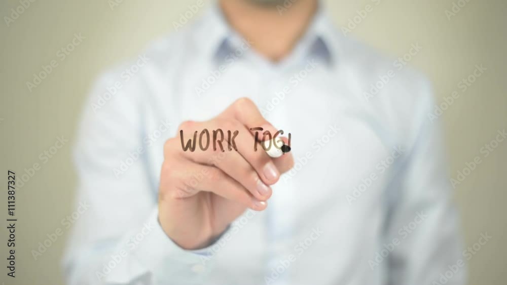 Work Together, Man writing on transparent screen Work Together, Man writing on transparent screen