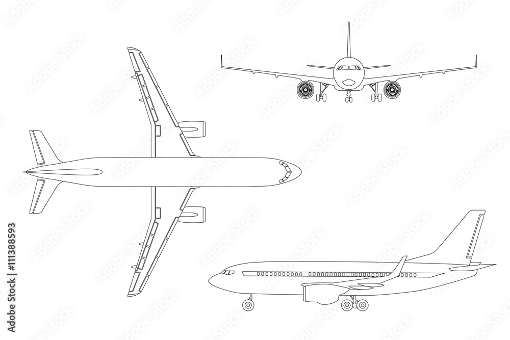 Outline drawing plane in a flat style on a white background. Top