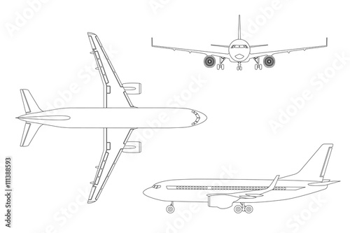 Outline drawing plane in a flat style on a white background. Top