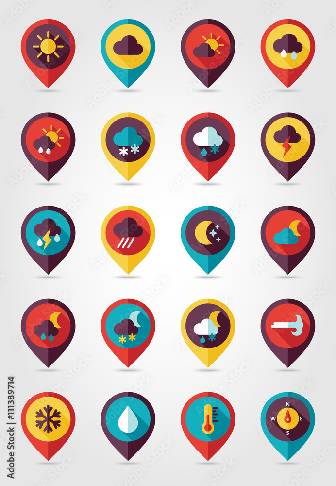 Meteorology Weather flat pin map icons set Meteorology Weather flat pin map icons set
