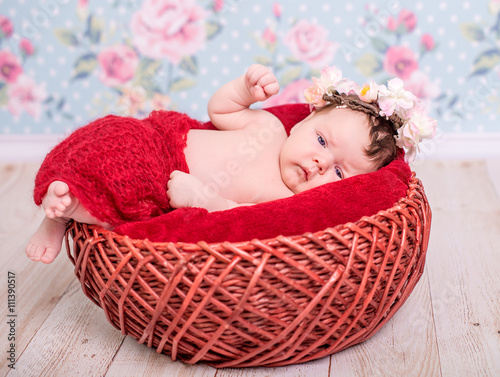 Newborn baby girl lying in a basket on red blancet. On her head a crown of flowers
