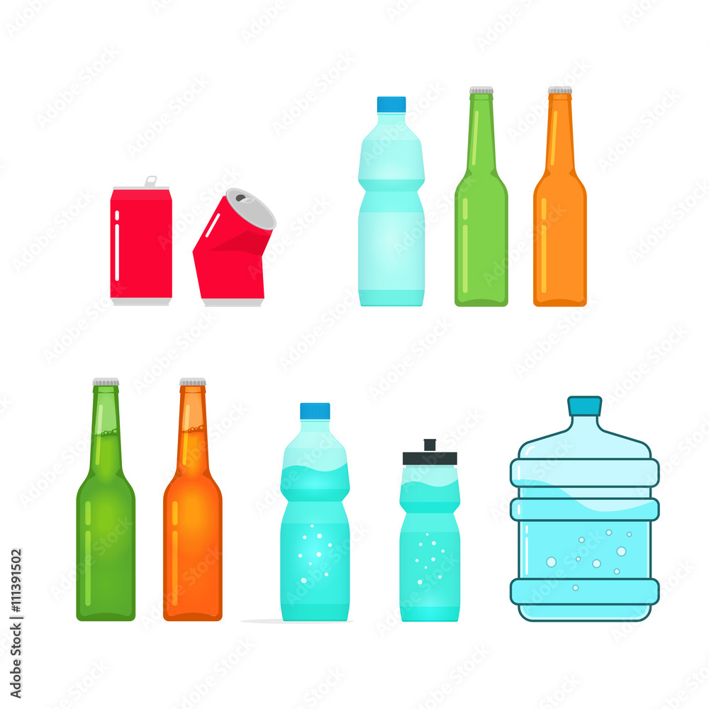Bottles vector collection isolated on white, full and empty bottle of water, sport bottle, beer glass bottle, drink metal can, plastic bottle Bottles vector collection isolated on white, full and empty bottle of water, sport bottle, beer glass bottle, drink metal can, plastic bottle