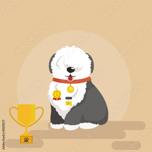 Illustration of sitting funny dog, Old English Sheepdog