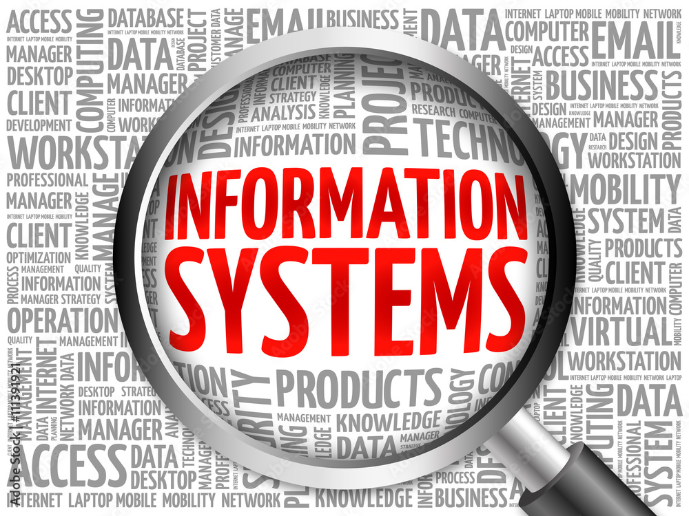 Information Systems word cloud with magnifying glass, business concept Information Systems word cloud with magnifying glass, business concept