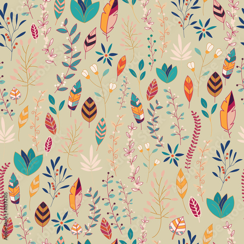 Seamless pattern design with hand drawn flowers, floral elements