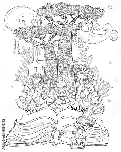 Hand drawn doodle outline tree decorated