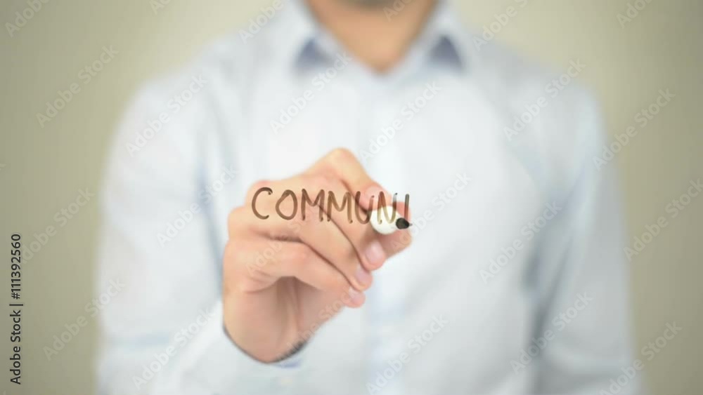 Community, Man writing on transparent screen Community, Man writing on transparent screen