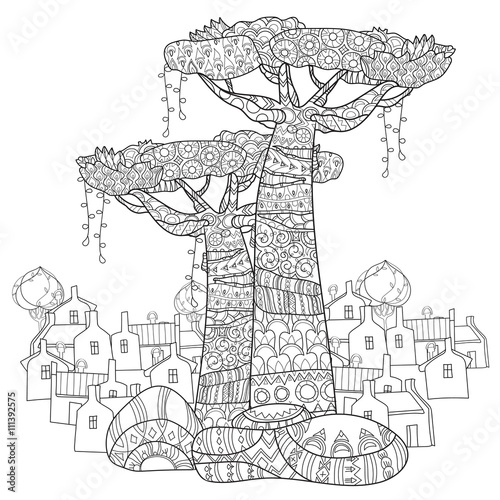 Hand drawn doodle outline tree decorated