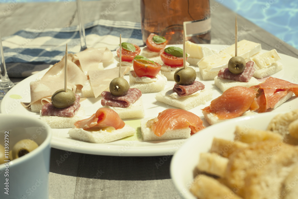 Appetizers on a summer day with wine