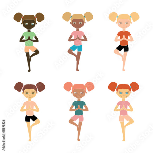 Yoga kids. Young girls of different nationalities standing tree pose Vrikshasana. Holding hands in Namaste. Vector illustration.
